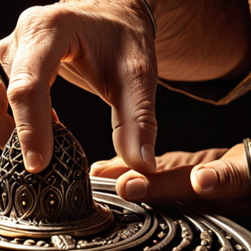 **Close-up of intricately detailed metalwork, artisan's hands gently shaping metal, warm studio lighting, sense of craftsmanship, high-resolution.**