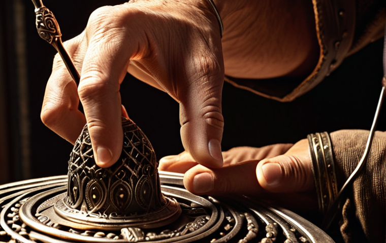 **Close-up of intricately detailed metalwork, artisan's hands gently shaping metal, warm studio lighting, sense of craftsmanship, high-resolution.**