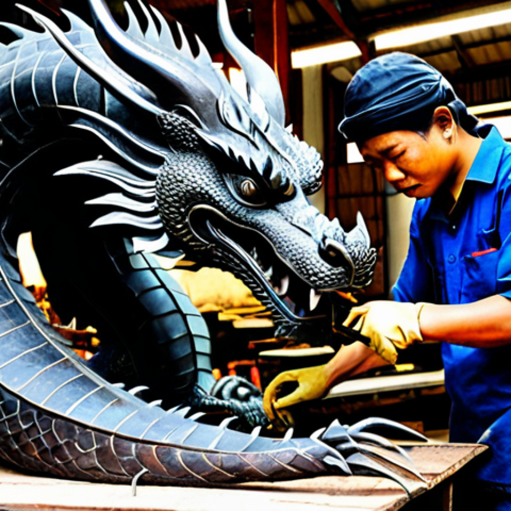 금속공예와 공공예술 프로젝트 - **Prompt:** A skilled Thai artisan meticulously welding a section of a large metal dragon sculpture,...