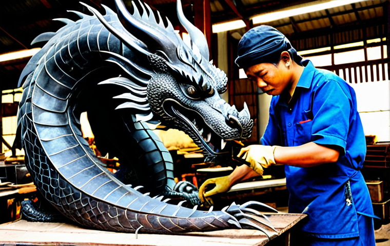금속공예와 공공예술 프로젝트 - **Prompt:** A skilled Thai artisan meticulously welding a section of a large metal dragon sculpture,...