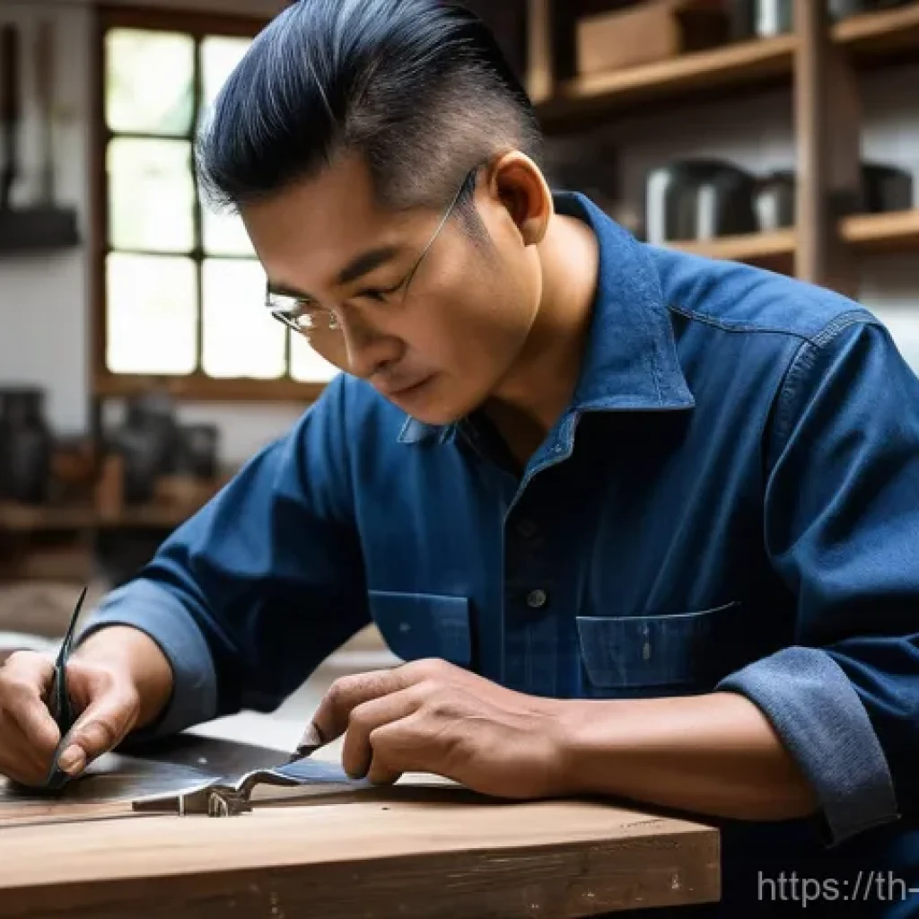 금속공예와 로봇 공학 - "A highly skilled Thai metal artisan, dressed in a traditional indigo-dyed cotton work shirt and sen...