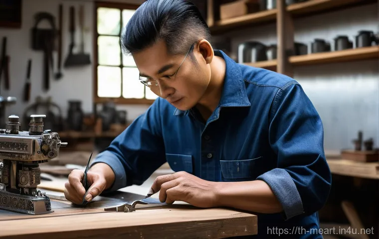 금속공예와 로봇 공학 - "A highly skilled Thai metal artisan, dressed in a traditional indigo-dyed cotton work shirt and sen...