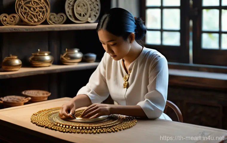 금속공예와 NFT 작품 등록 - **Prompt 1: "The Artisan's Touch: Crafting a Digital Legacy"**
A skilled Thai artisan, wearing a...