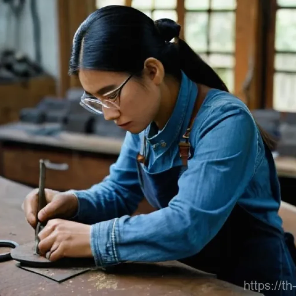 금속공예 수업 및 교육 기관 - **Prompt:** A focused female artisan, in her early 30s, with a serene and determined expression, met...