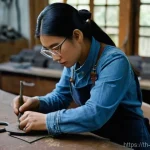 Home 19 금속공예 수업 및 교육 기관 - **Prompt:** A focused female artisan, in her early 30s, with a serene and determined expression, met...