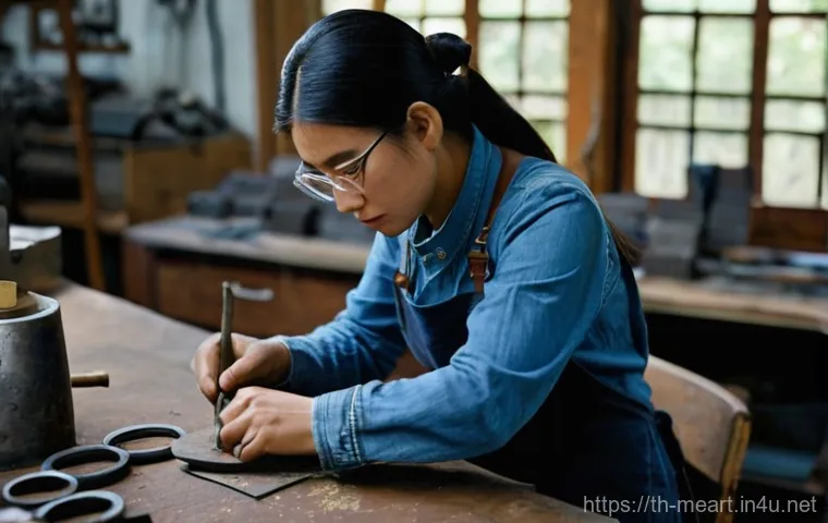 금속공예 수업 및 교육 기관 - **Prompt:** A focused female artisan, in her early 30s, with a serene and determined expression, met...