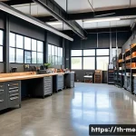 Home 18 금속공예 공방 인테리어 아이디어 - A modern metal workshop interior featuring polished concrete floors with anti-slip coating, ceramic ...