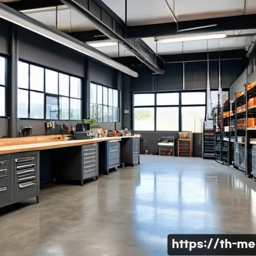 Home 30 금속공예 공방 인테리어 아이디어 - A modern metal workshop interior featuring polished concrete floors with anti-slip coating, ceramic ...
