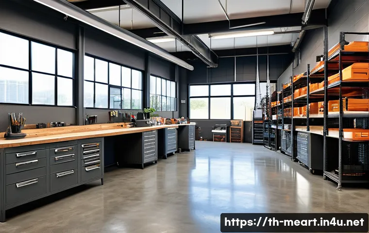 금속공예 공방 인테리어 아이디어 - A modern metal workshop interior featuring polished concrete floors with anti-slip coating, ceramic ...