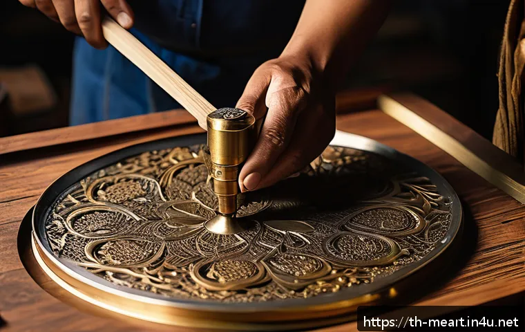 해외 금속공예 트렌드 - A highly detailed image of a traditional Thai metal artisan workshop blending ancient craftsmanship ...