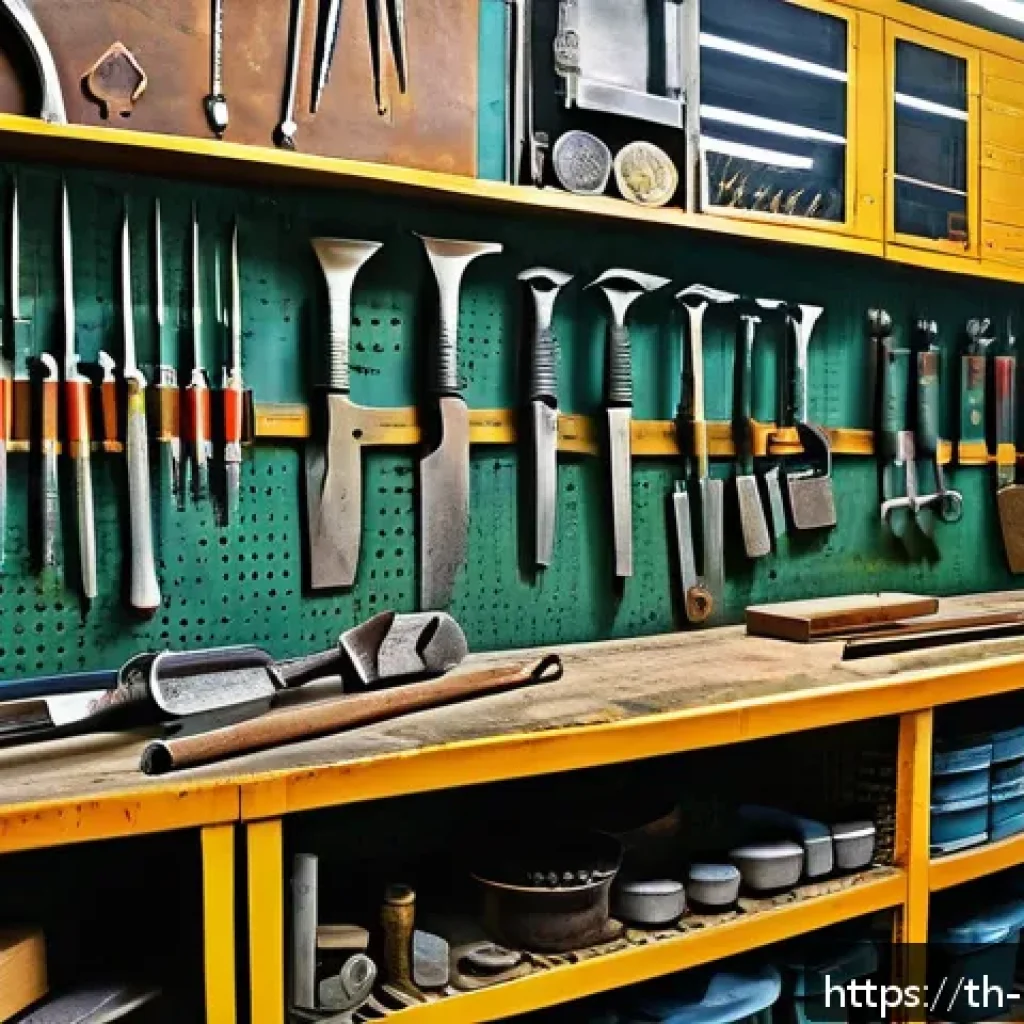 산화 및 부식 방지 기술 - A detailed industrial workshop scene showing various hand tools and metal equipment coated with shin...
