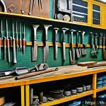 Home 16 산화 및 부식 방지 기술 - A detailed industrial workshop scene showing various hand tools and metal equipment coated with shin...
