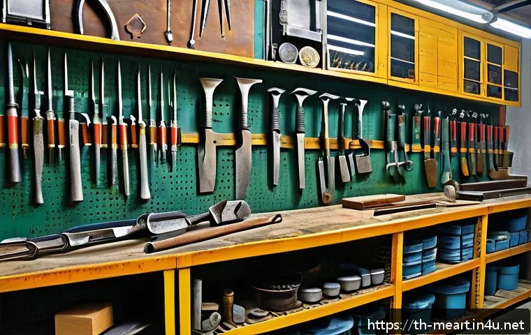 산화 및 부식 방지 기술 - A detailed industrial workshop scene showing various hand tools and metal equipment coated with shin...