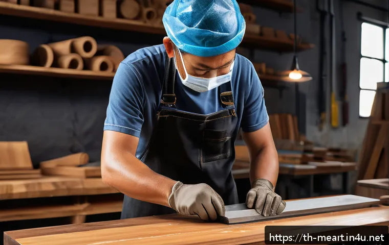 목공예와 금속공예 조합 - A sophisticated workshop scene featuring artisans crafting a mixed-material furniture piece combinin...