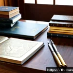 금속공예 관련 책 추천 - Photorealistic still life of recommended metalcraft books arranged on a teak workbench in a traditio...