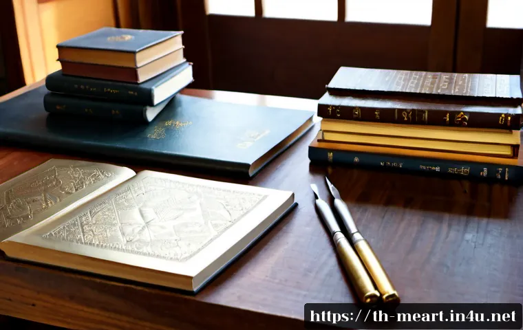 금속공예 관련 책 추천 - Photorealistic still life of recommended metalcraft books arranged on a teak workbench in a traditio...