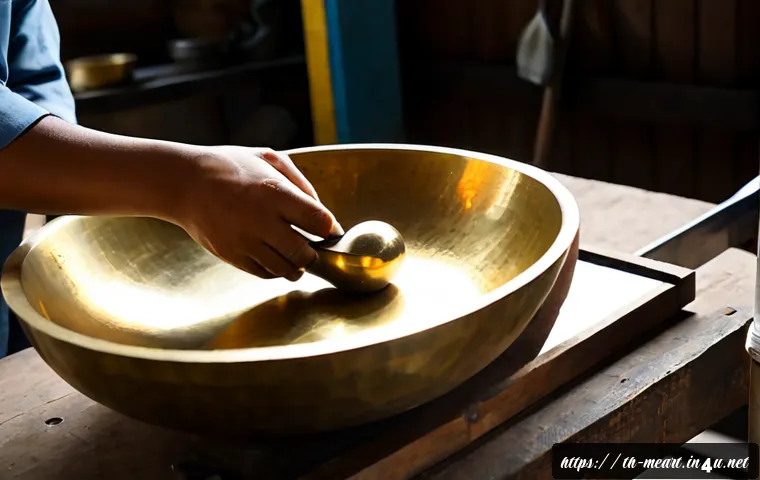 Home 17 금속공예 작품 가격 산정법 - Photorealistic Thai metal artisan in a bright Chiang Mai-style workshop, carefully weighing a hand-h...